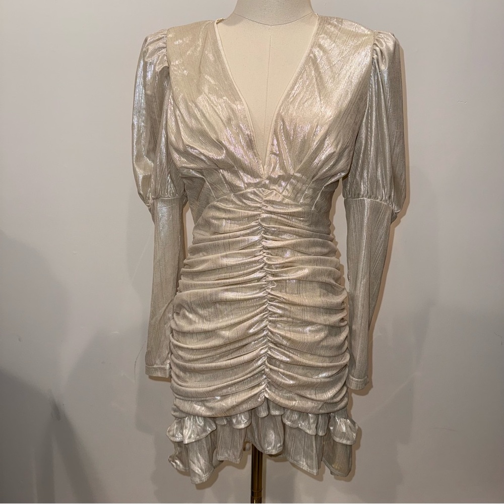 Fashion Nova Cream Ruched Bodycon Dress